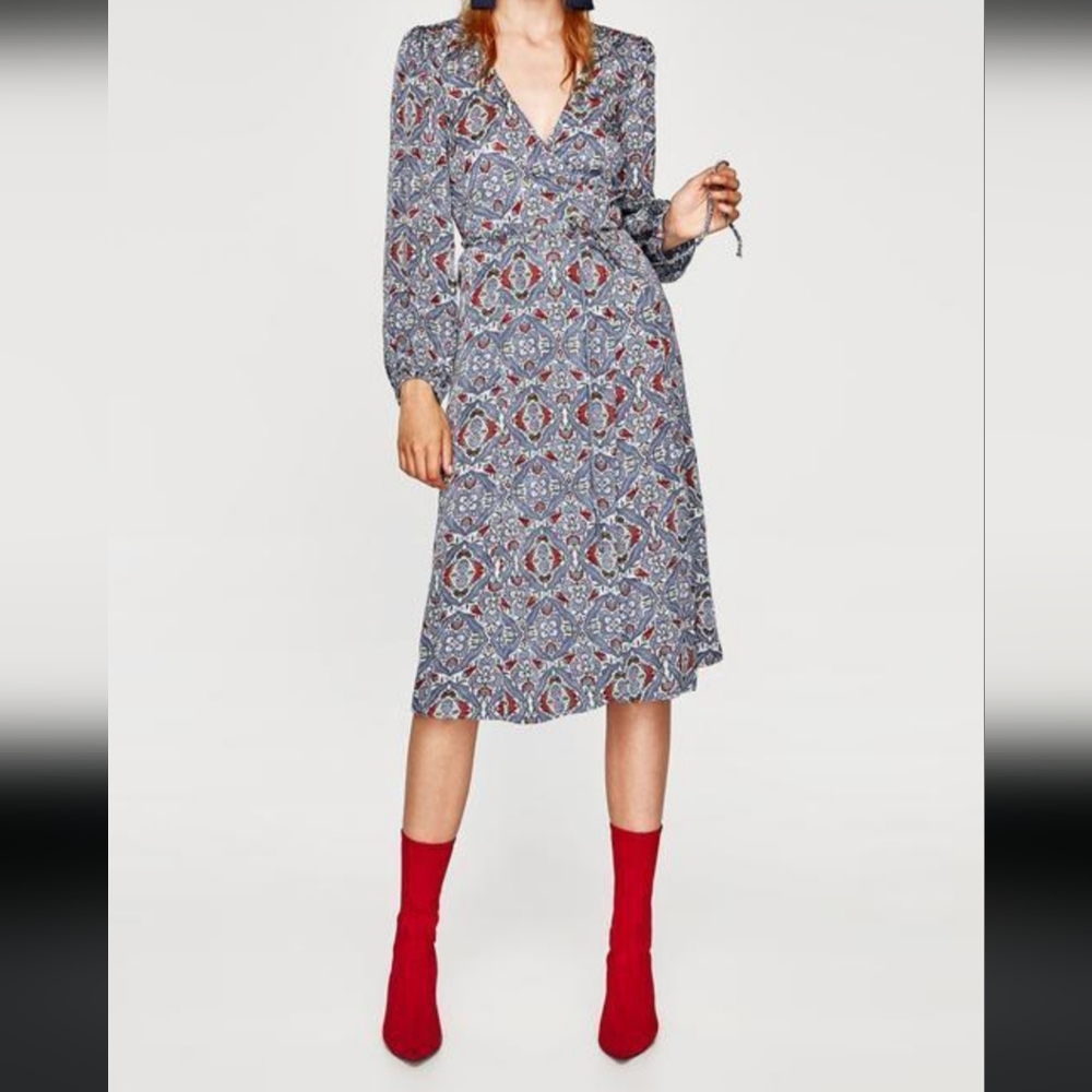 Zara flowing jacquard crossed midi dress